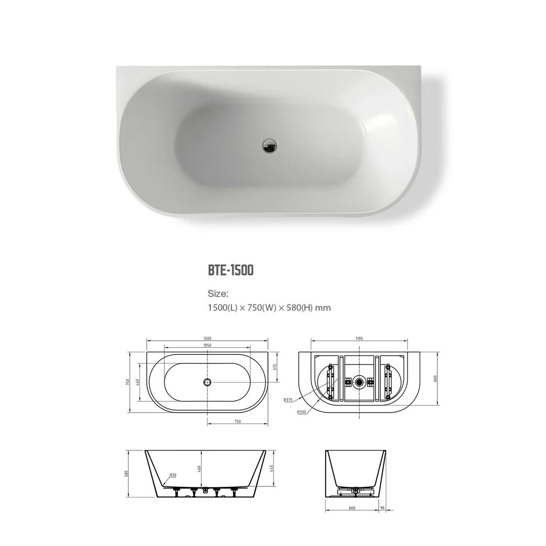 Bnk Naga Back To Wall Bath Matt White 1500mm