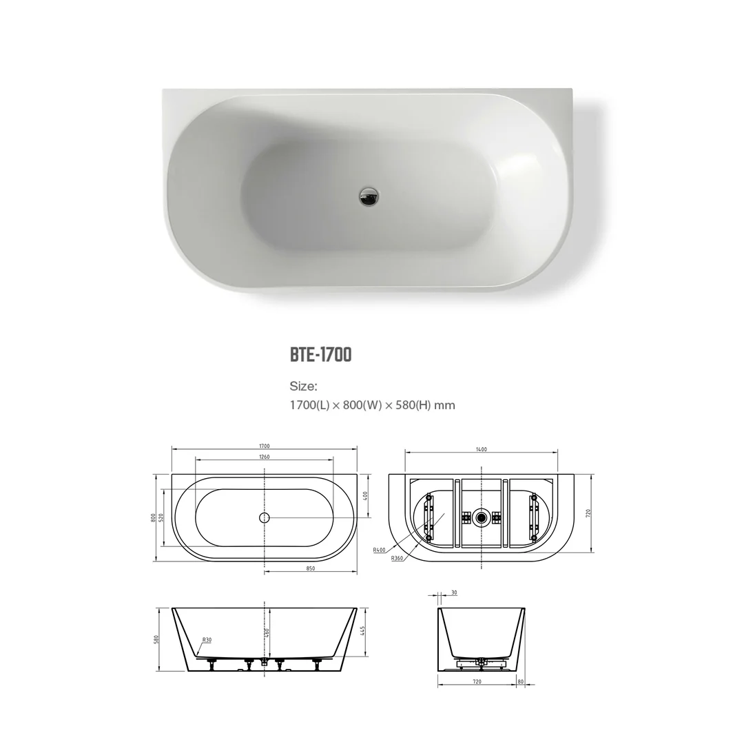 Bnk Naga Back To Wall Bath Gloss White 1700mm - Image 3