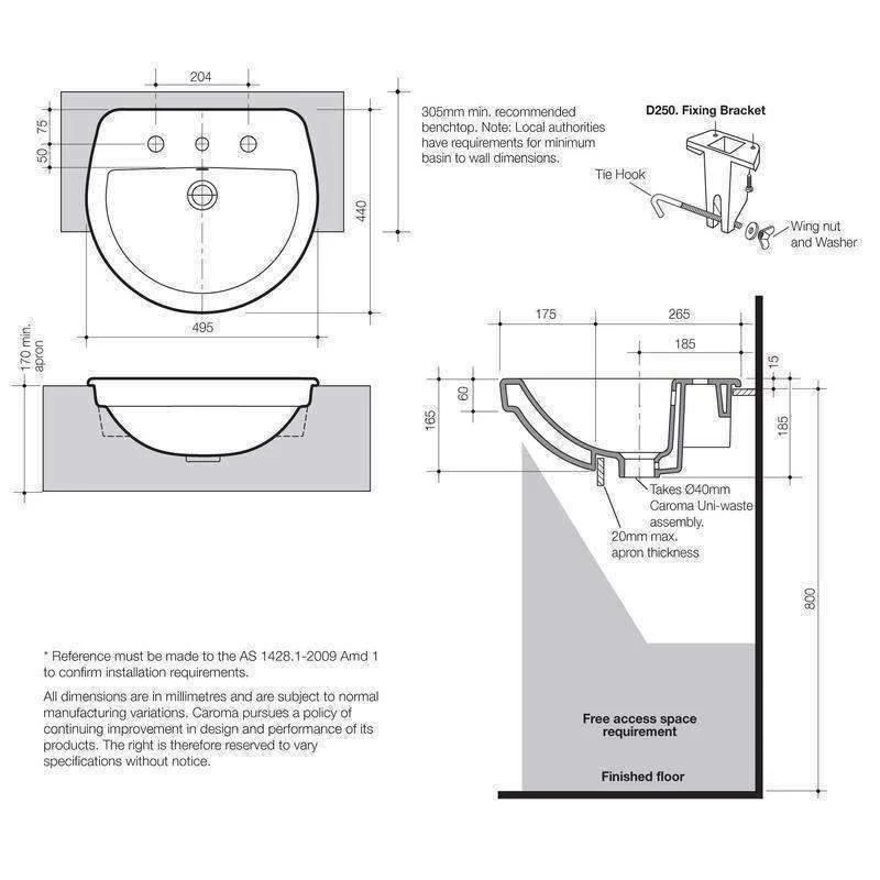 Caroma Cosmo Semi Recessed Basin 500mm X 440mm 1 Tap Hole White - Image 5
