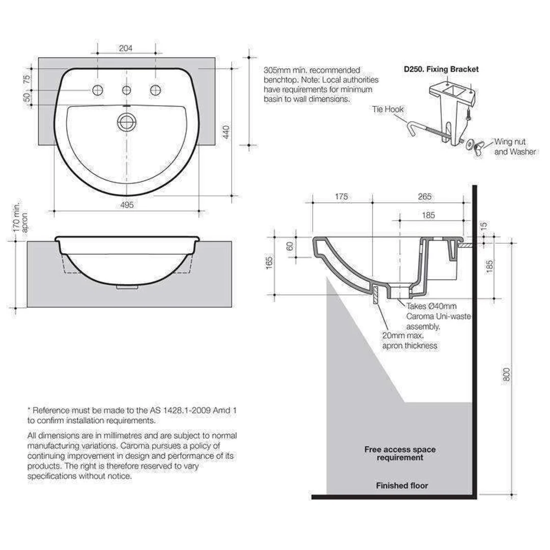 Caroma Cosmo Semi Recessed Basin 500mm X 440mm 3 Tap Hole White - Image 4