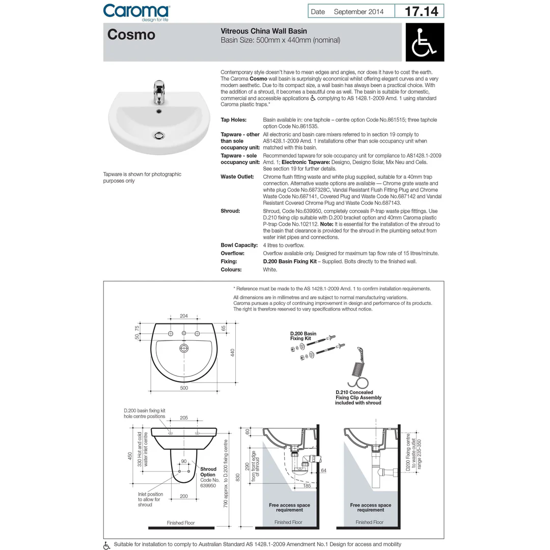 Caroma Cosmo Wall Basin 500mm X 440mm 1 Tap Hole White - Image 3