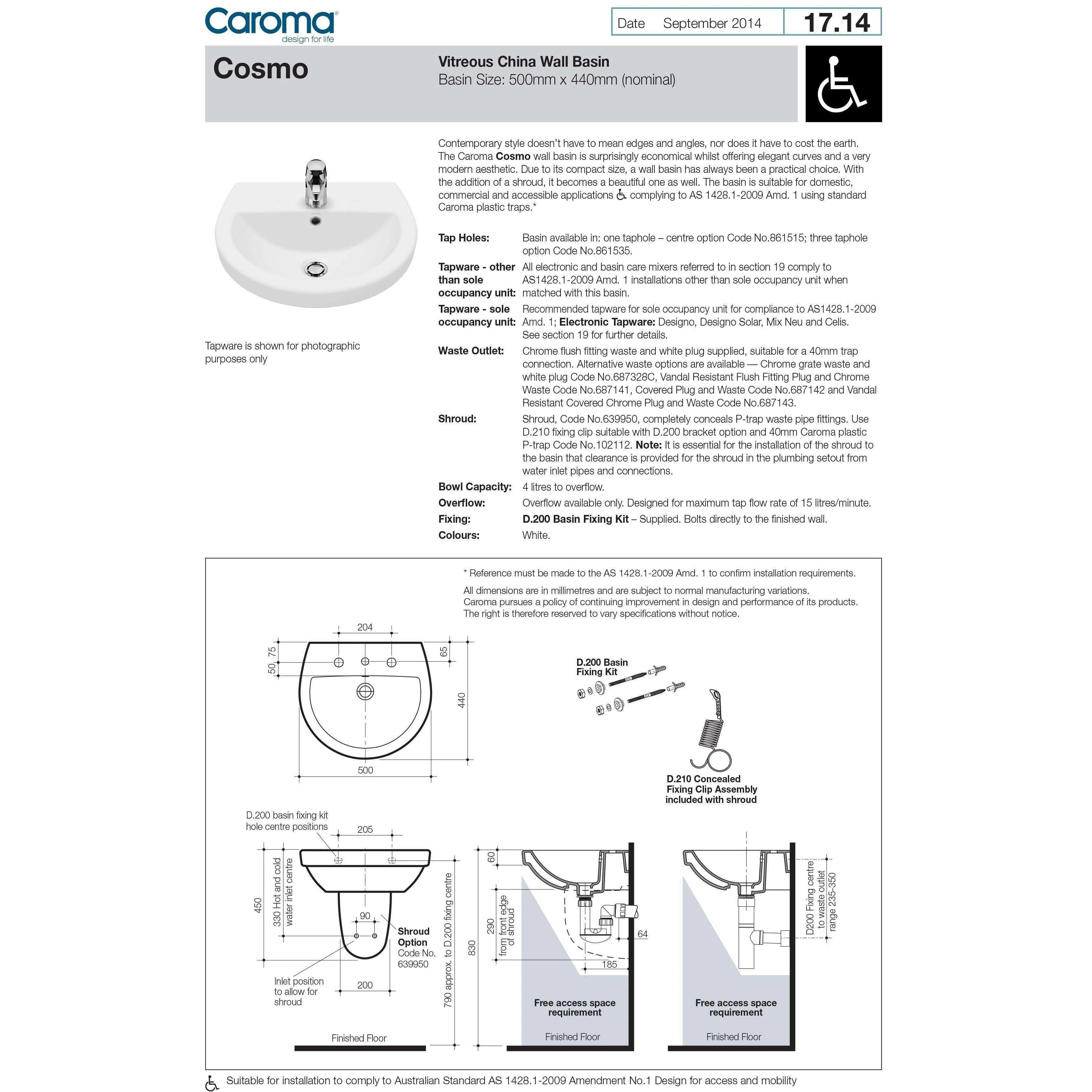 Caroma Cosmo Wall Basin 500mm X 440mm 1 Tap Hole White - Image 5