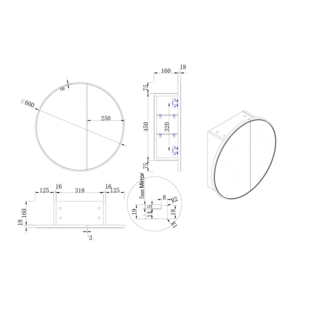 Cassa Design Auris Round Shaving Cabinet 600X600X180mm Matte White - Image 3