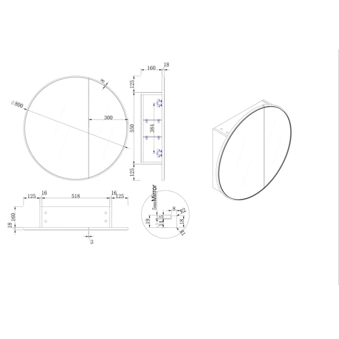 Cassa Design Auris Round Shaving Cabinet 800X800X180mm Matte Black - Image 4