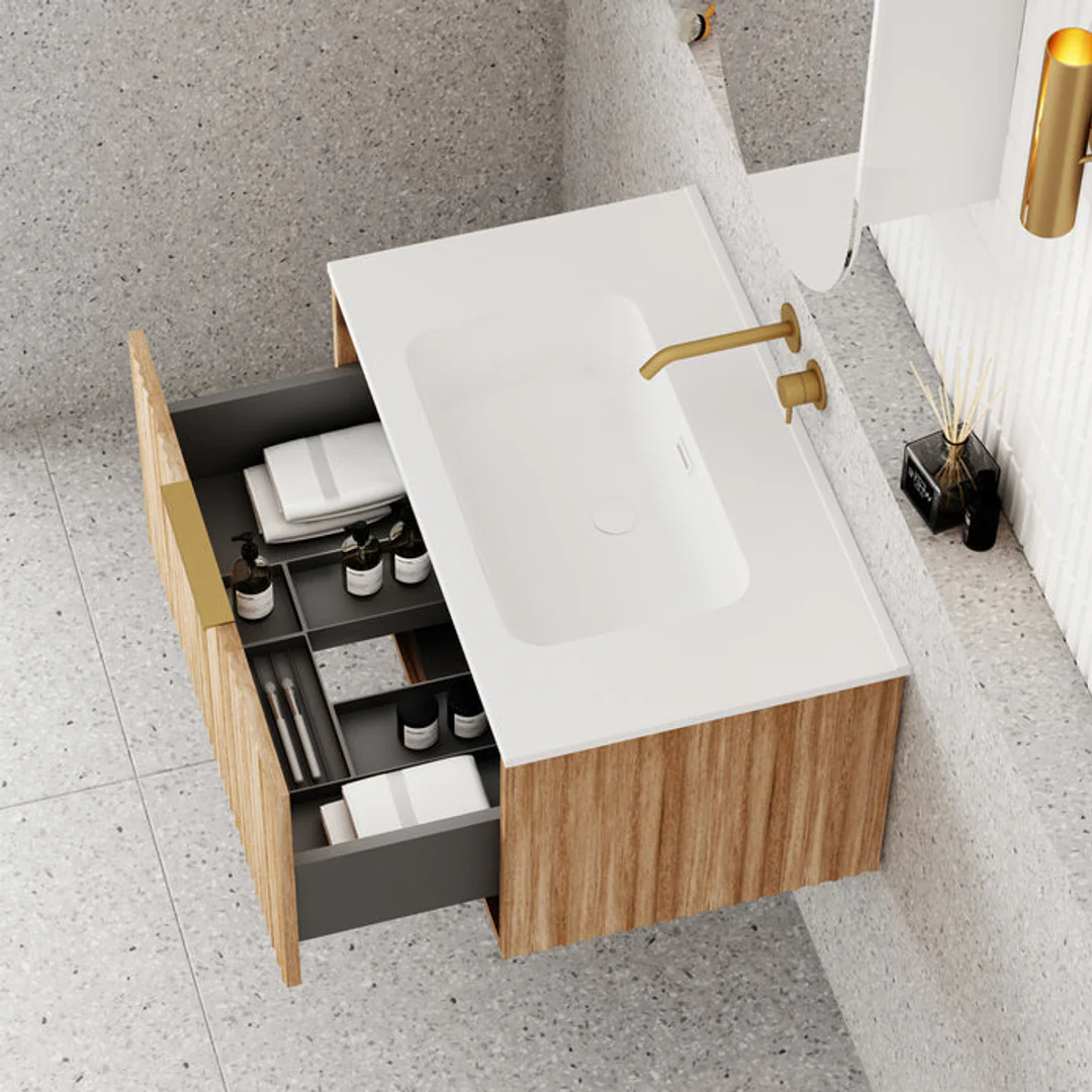 Cassa Design Capture 750mm Wall Hung Vanity Solid Surface Moulded Top Natural Oak - Image 4