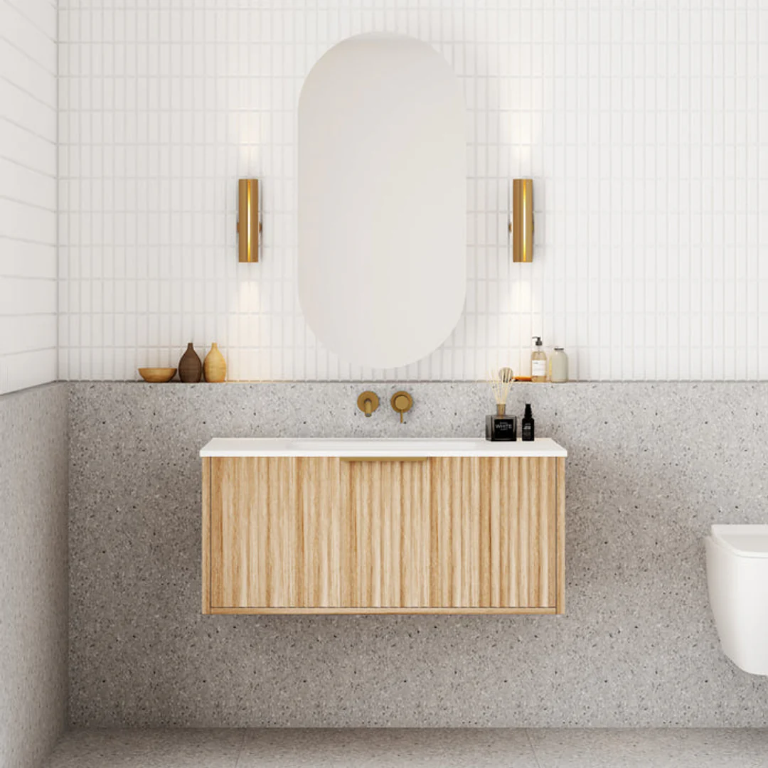 Cassa Design Capture 900mm Wall Hung Vanity Solid Surface Moulded Top Natural Oak - Image 2