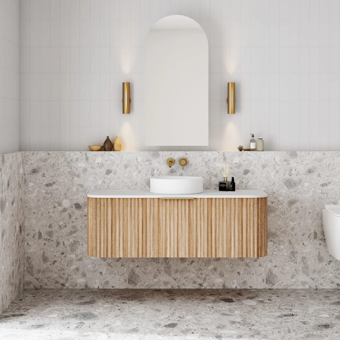 Cassa Design V-Groove 1200mm Curved Wall Hung Vanity Ultracompact Stone Top Natural Oak - Image 2