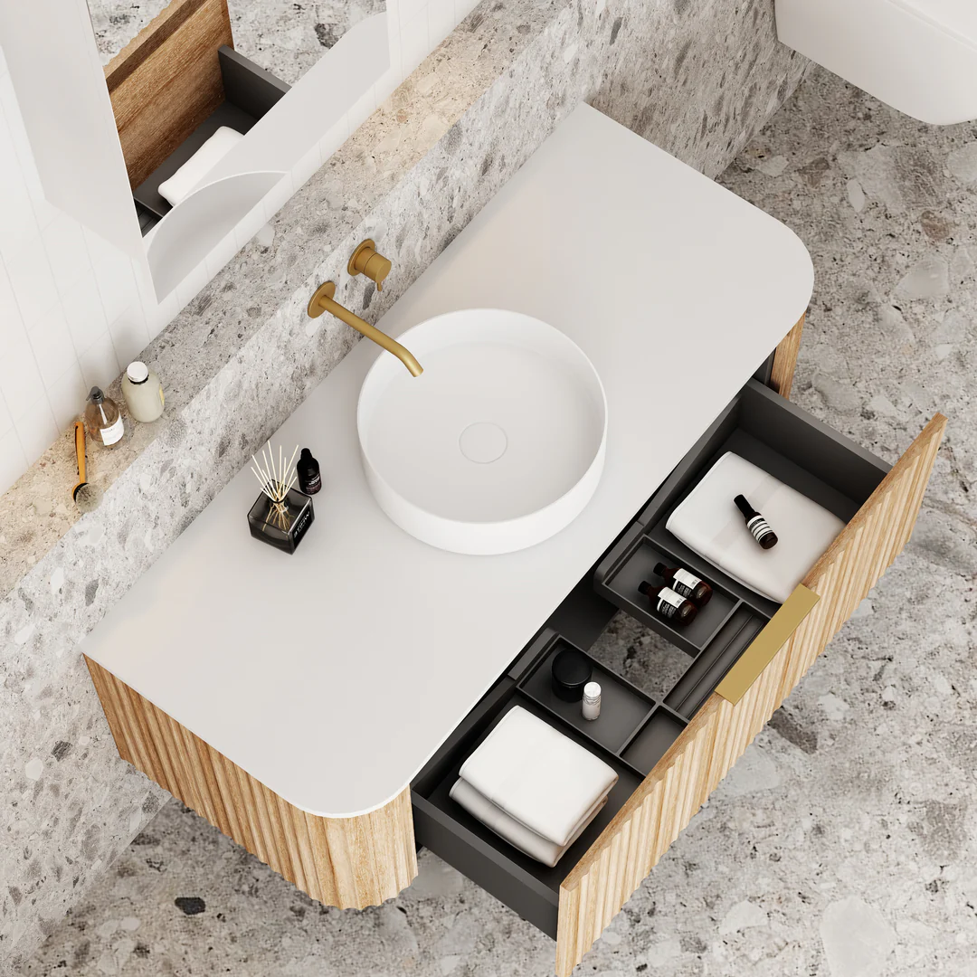 Cassa Design V-Groove 1200mm Curved Wall Hung Vanity Ultracompact Stone Top Natural Oak - Image 3