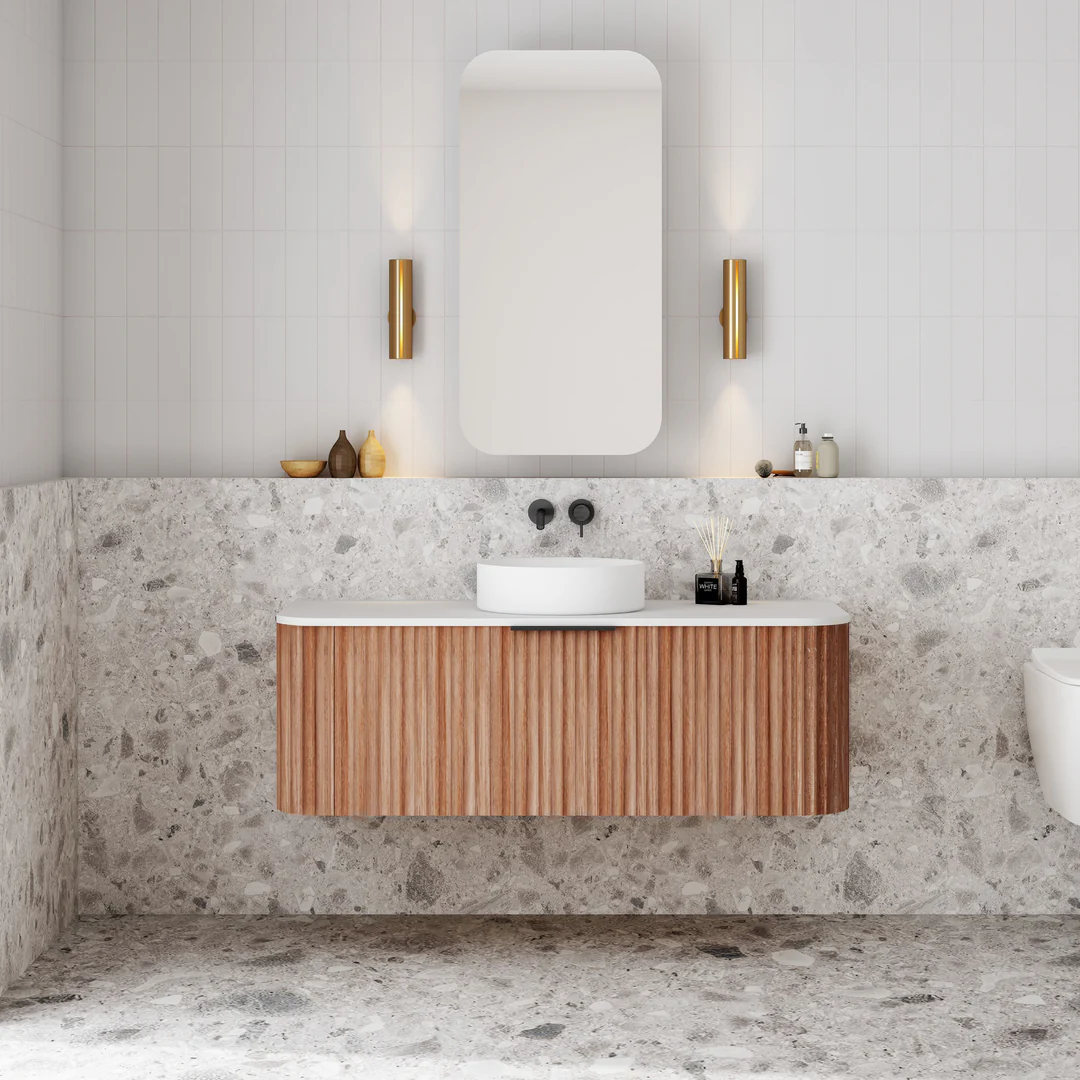 Cassa Design V-Groove 1200mm Curved Wall Hung Vanity Ultracompact Stone Top Natural Walnut - Image 2