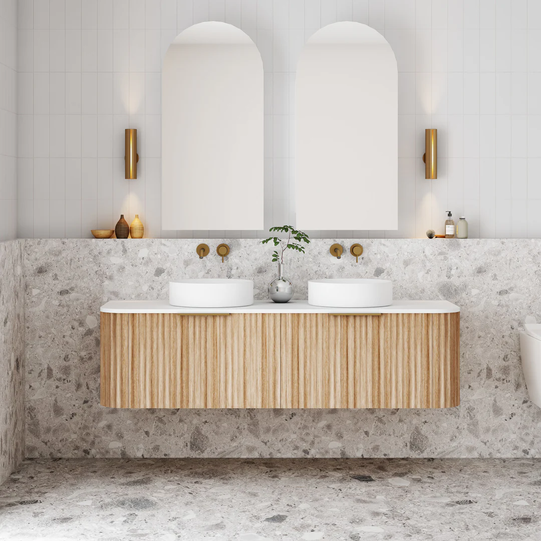 Cassa Design V-Groove 1500mm Curved Wall Hung Vanity Ultracompact Stone Top Natural Walnut - Image 2