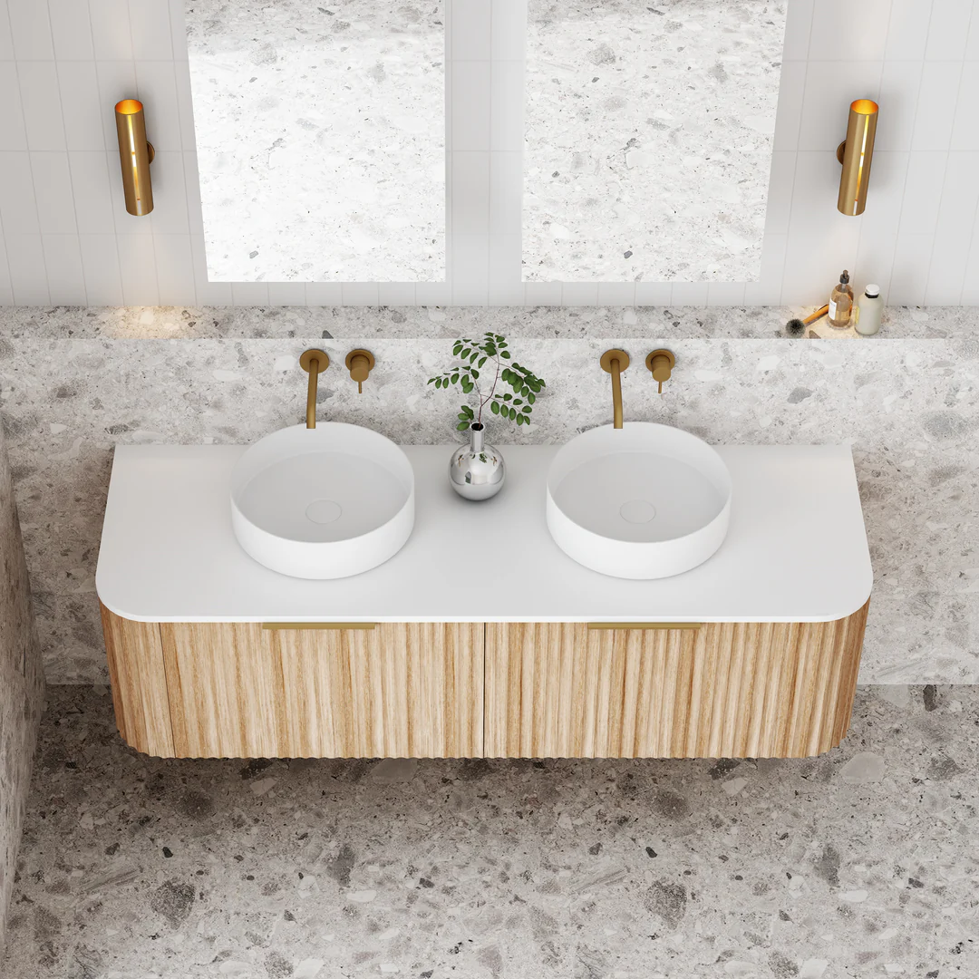 Cassa Design V-Groove 1500mm Curved Wall Hung Vanity Ultracompact Stone Top Natural Walnut - Image 4
