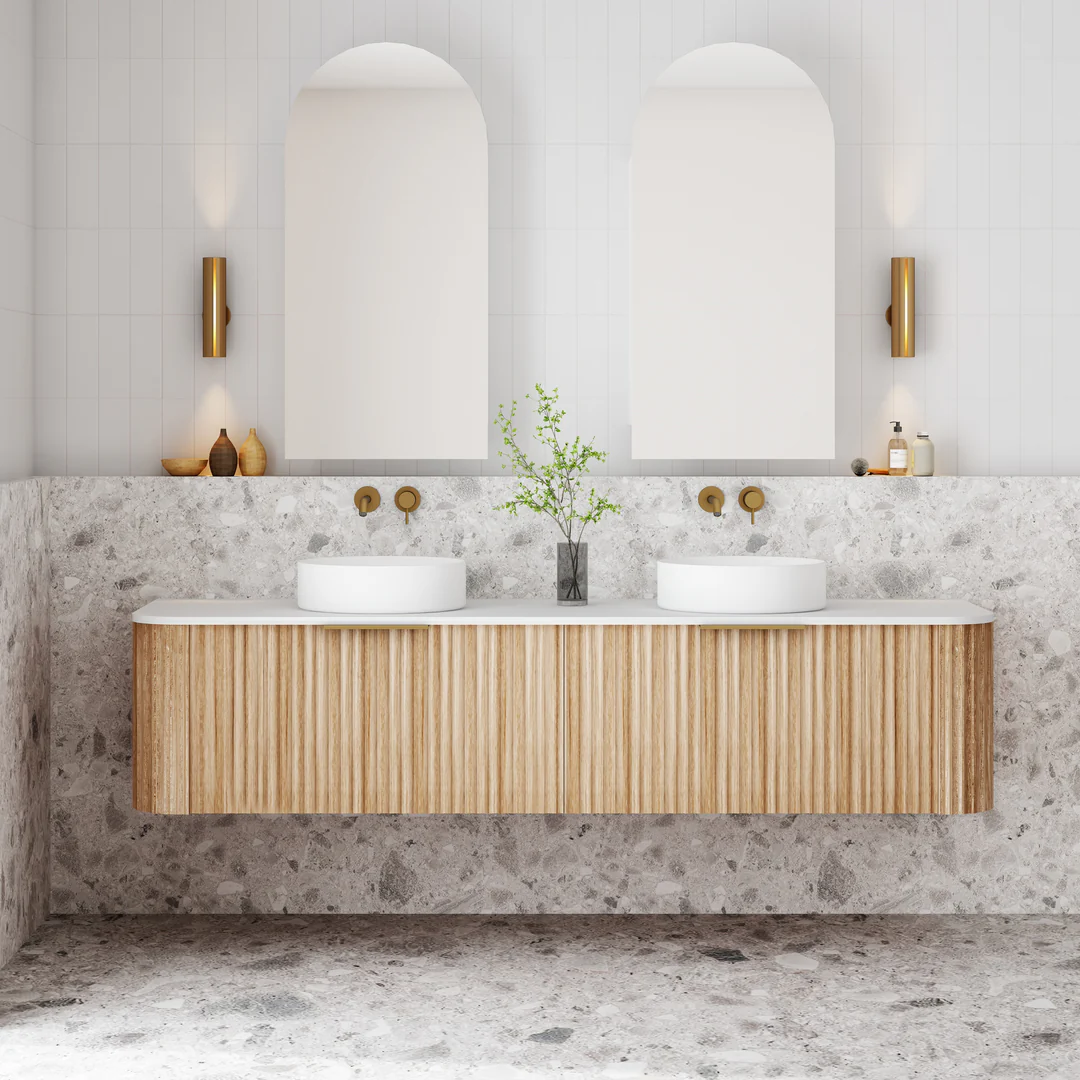 Cassa Design V-Groove 1800mm Curved Wall Hung Vanity Ultracompact Stone Top Natural Walnut - Image 2