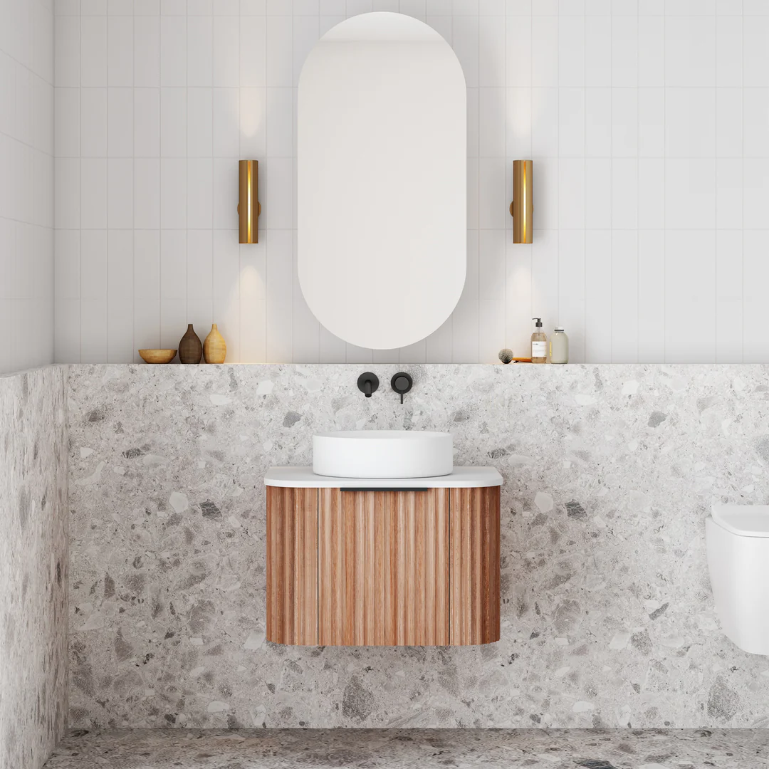 Cassa Design V-Groove 600mm Curved Wall Hung Vanity Ultracompact Stone Top Natural Walnut - Image 2