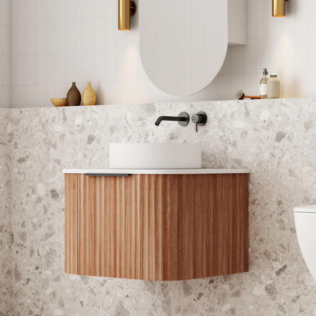 Cassa Design V-Groove 600mm Curved Wall Hung Vanity Ultracompact Stone Top Natural Walnut - Image 4
