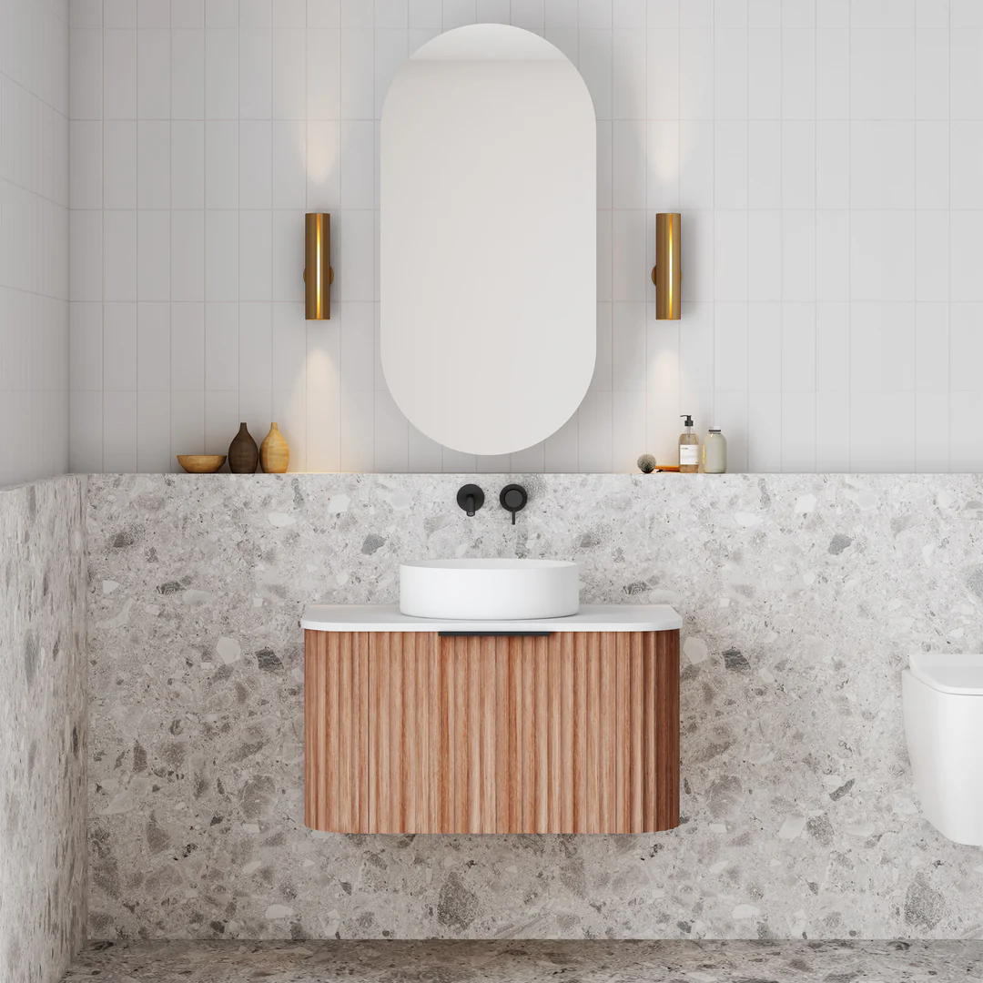 Cassa Design V-Groove 750mm Curved Wall Hung Vanity Ultracompact Stone Top Natural Walnut - Image 2