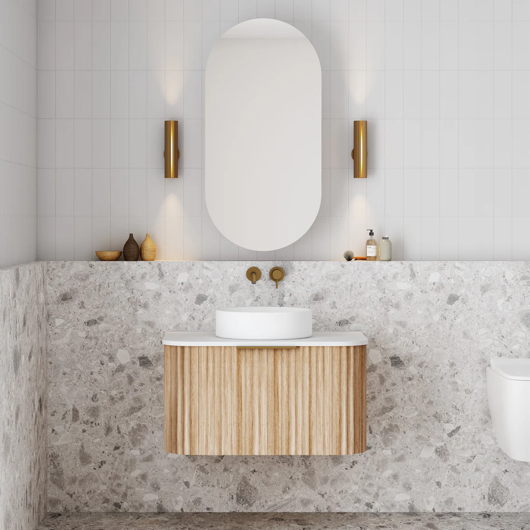 Cassa Design V-Groove 750mm Curvel Wall Hung Vanity Stone Top, Natural Oak
