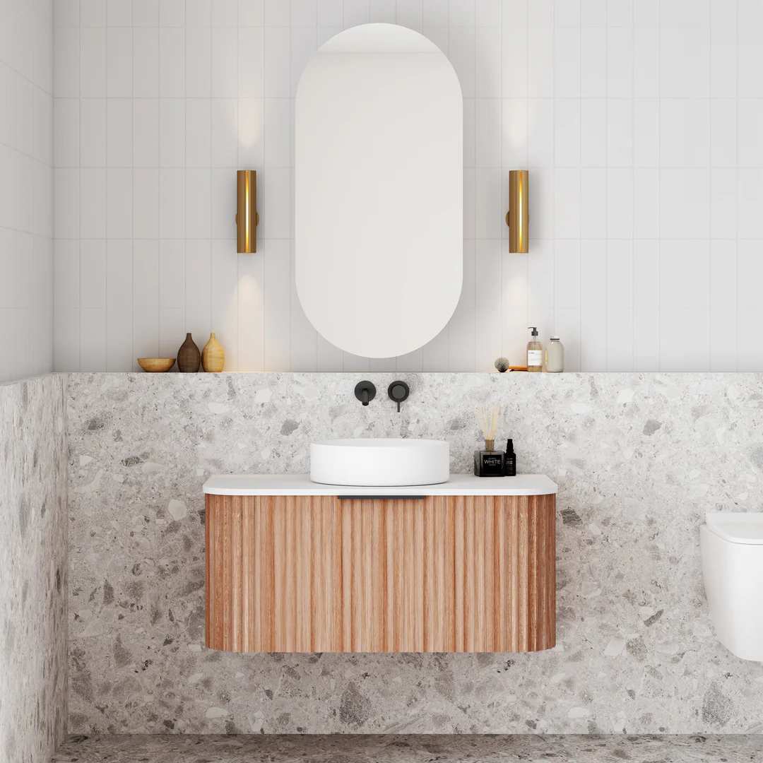 Cassa Design V-Groove 900mm Curved Wall Hung Vanity Ultracompact Stone Top Natural Walnut - Image 2