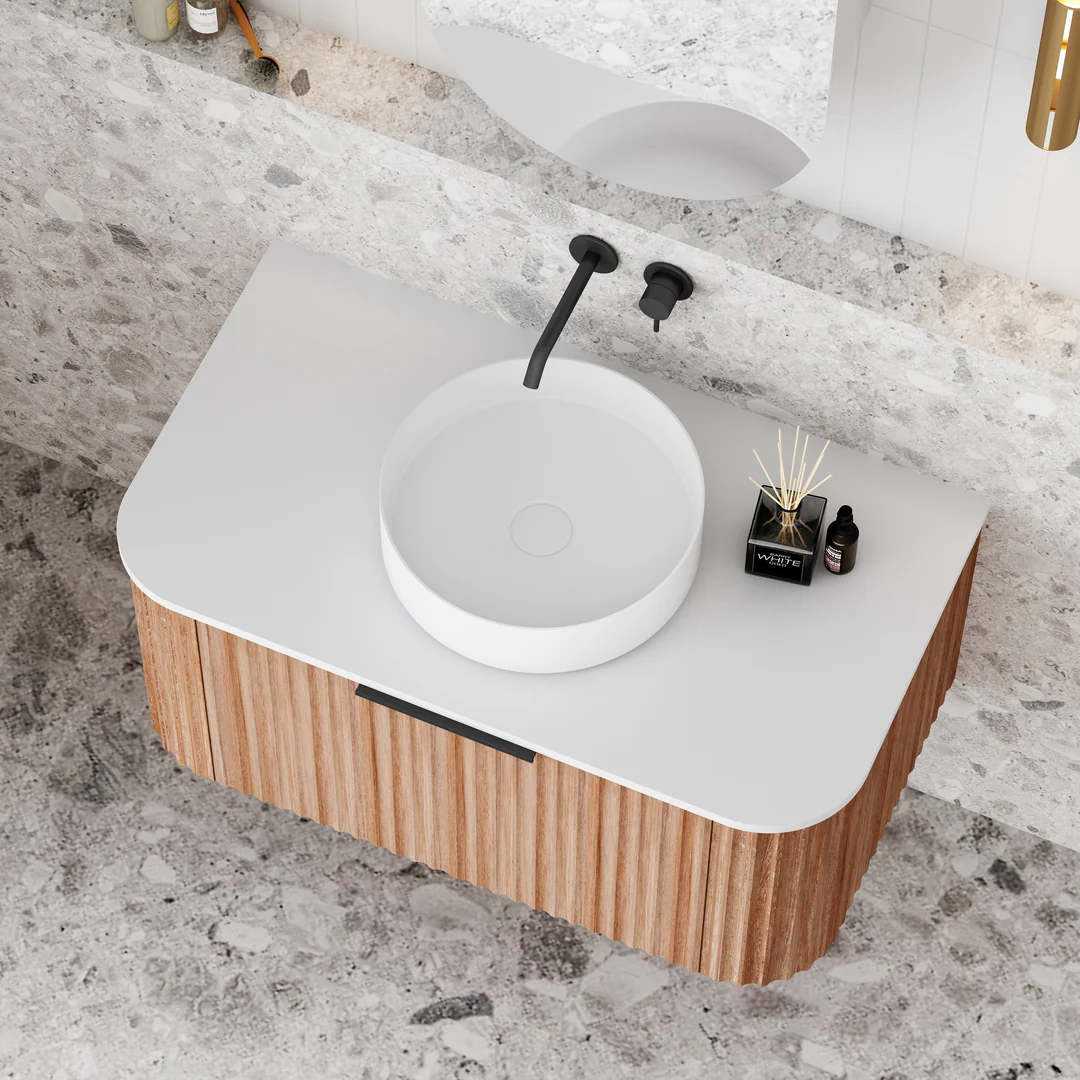 Cassa Design V-Groove 900mm Curved Wall Hung Vanity Ultracompact Stone Top Natural Walnut - Image 4