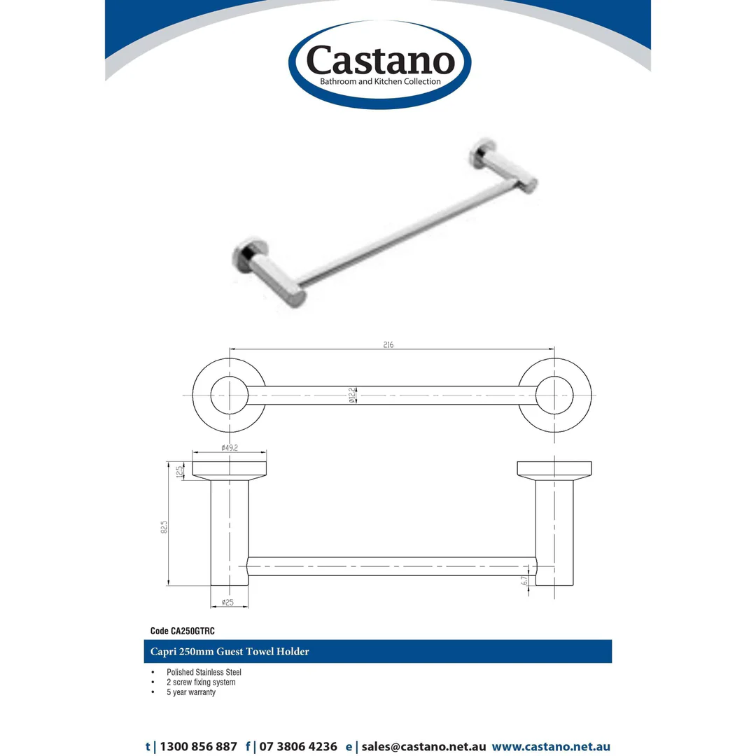 Castano Capri 250mm Guest Towel Holder Chrome Ca250Strc - Image 4