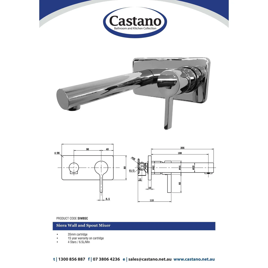 Castano Siera Wall And Spout Mixer Chrome - Image 4