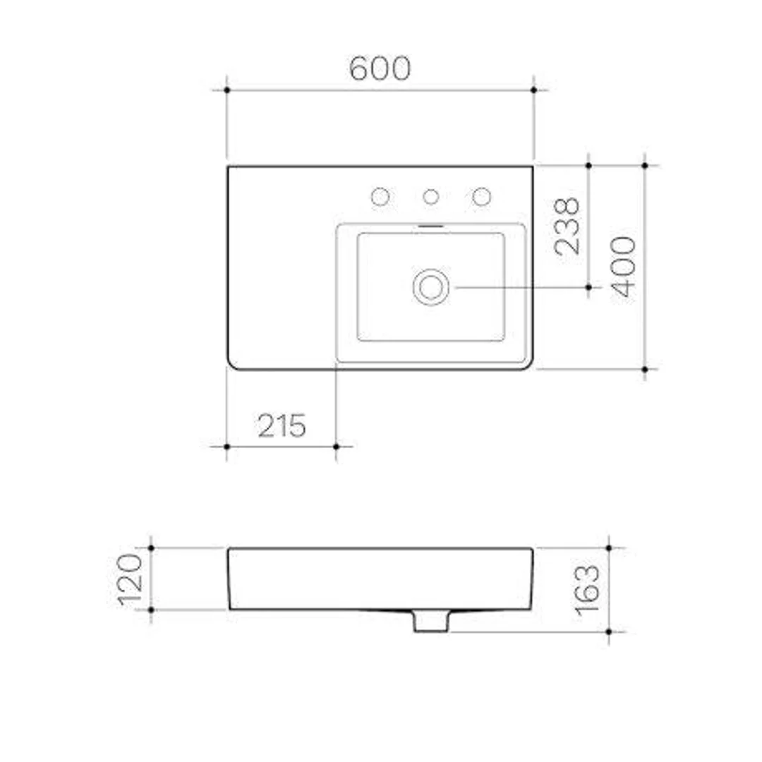Clark Square Wall Basin Left Hand Shelf 600mm One Taphole - Image 4