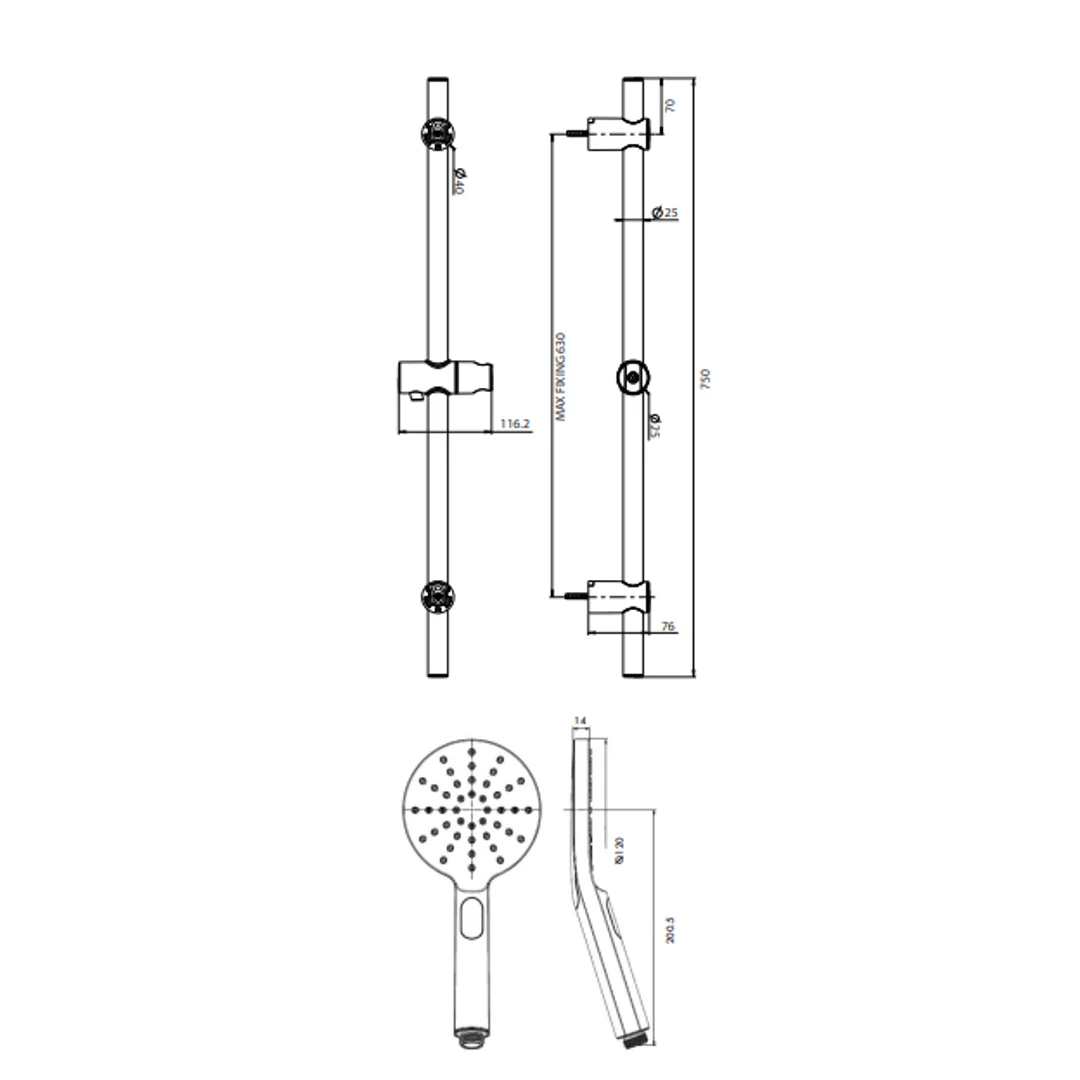 Collis Bakara 3F Round Hand Shower On Retro Fit Rail Brushed Nickel H12013Bn + Rr2 - Image 2