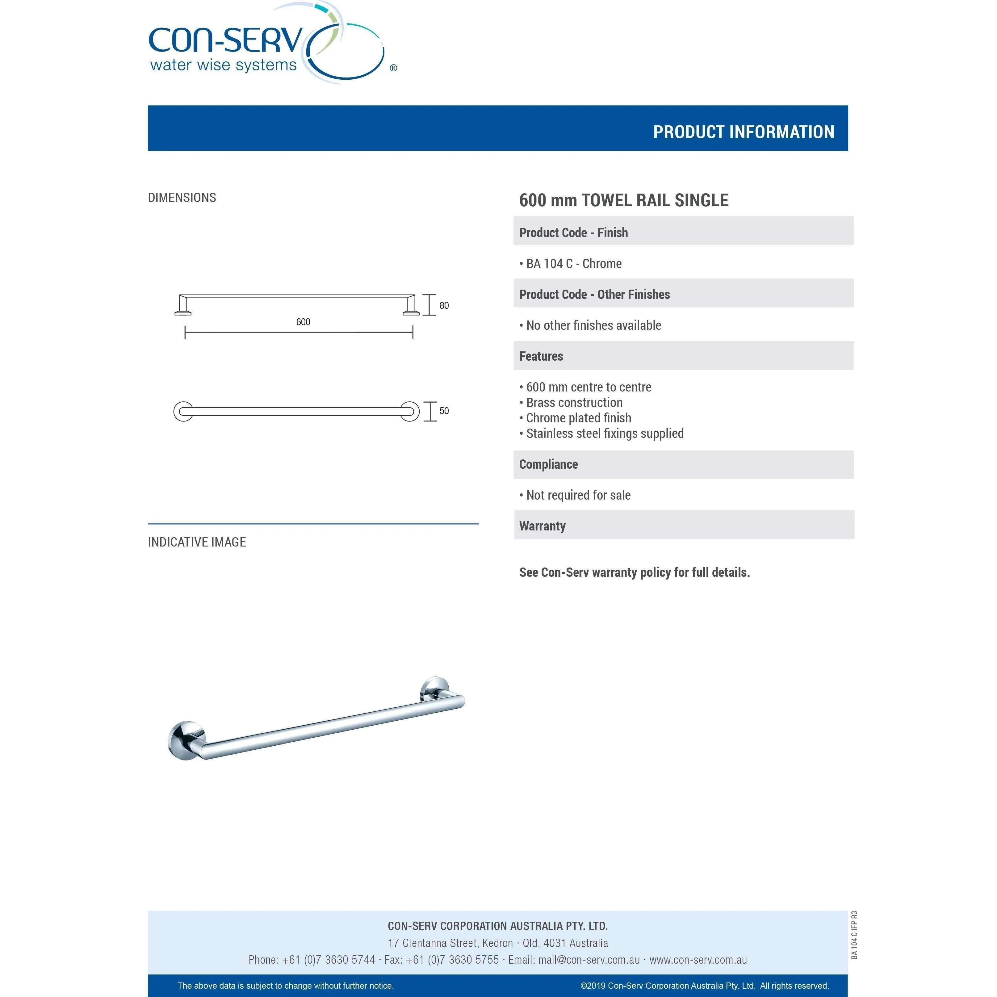 Con-Serv 100 Series 600mm Single Towel Rail Chrome Ba104C - Image 5