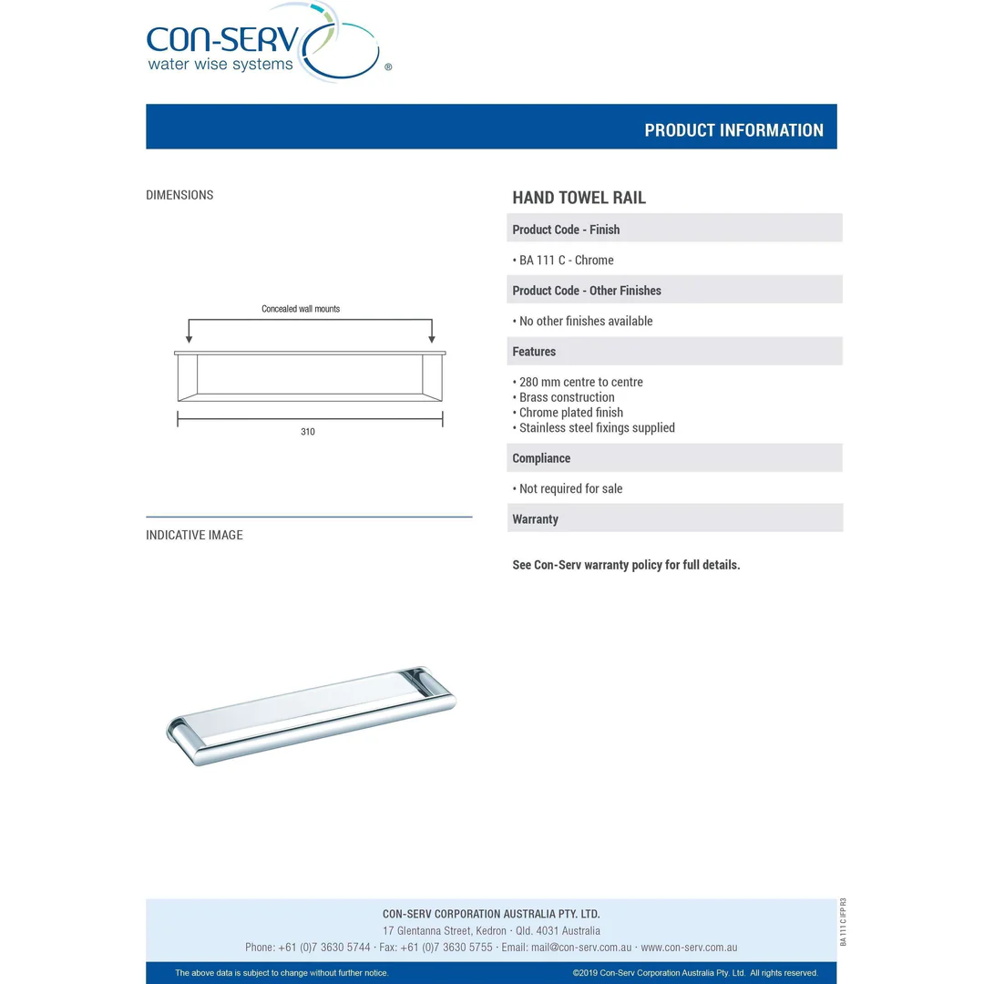 Con-Serv 100 Series Hand Towel Rail 310mm Chrome Ba111C - Image 3