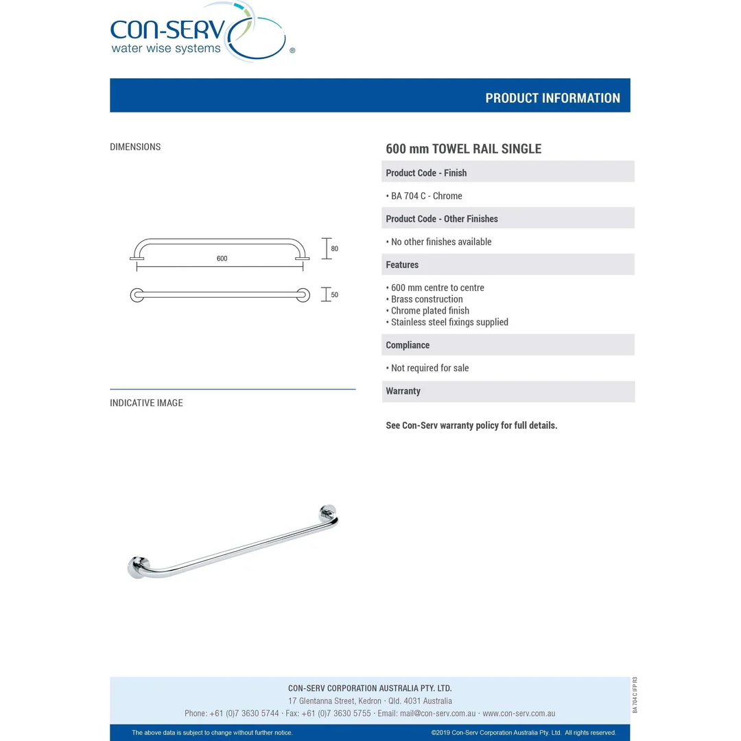 Con-Serv 700 Series 600mm Single Towel Rail Chrome Ba704C - Image 4