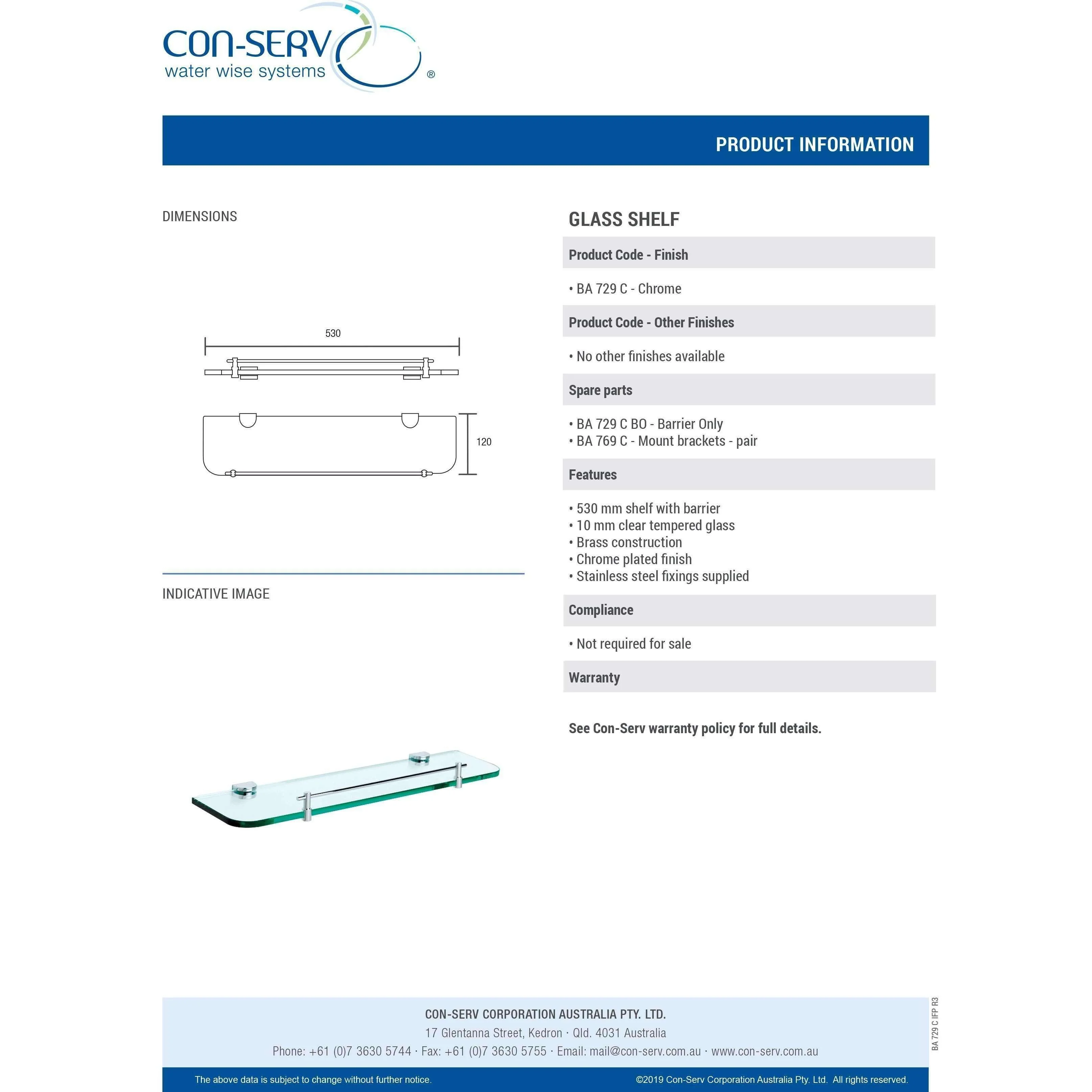 Con-Serv 700 Series Glass Vanity Shelf With Barrier  Ba729C: Ex-Display - Image 5