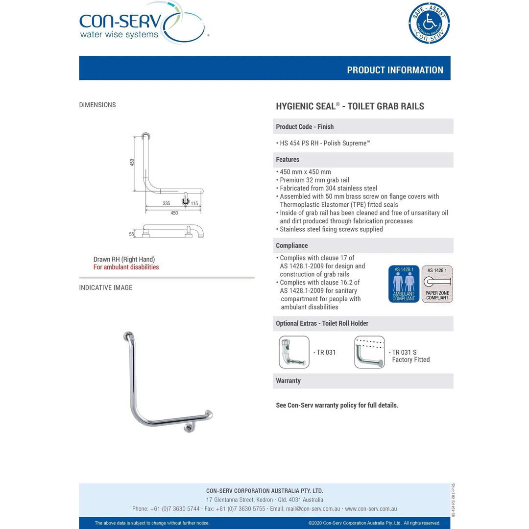 Con-Serv Hygenic Seal R/Angled Grab Rail 450mm Polish S/S - Image 4