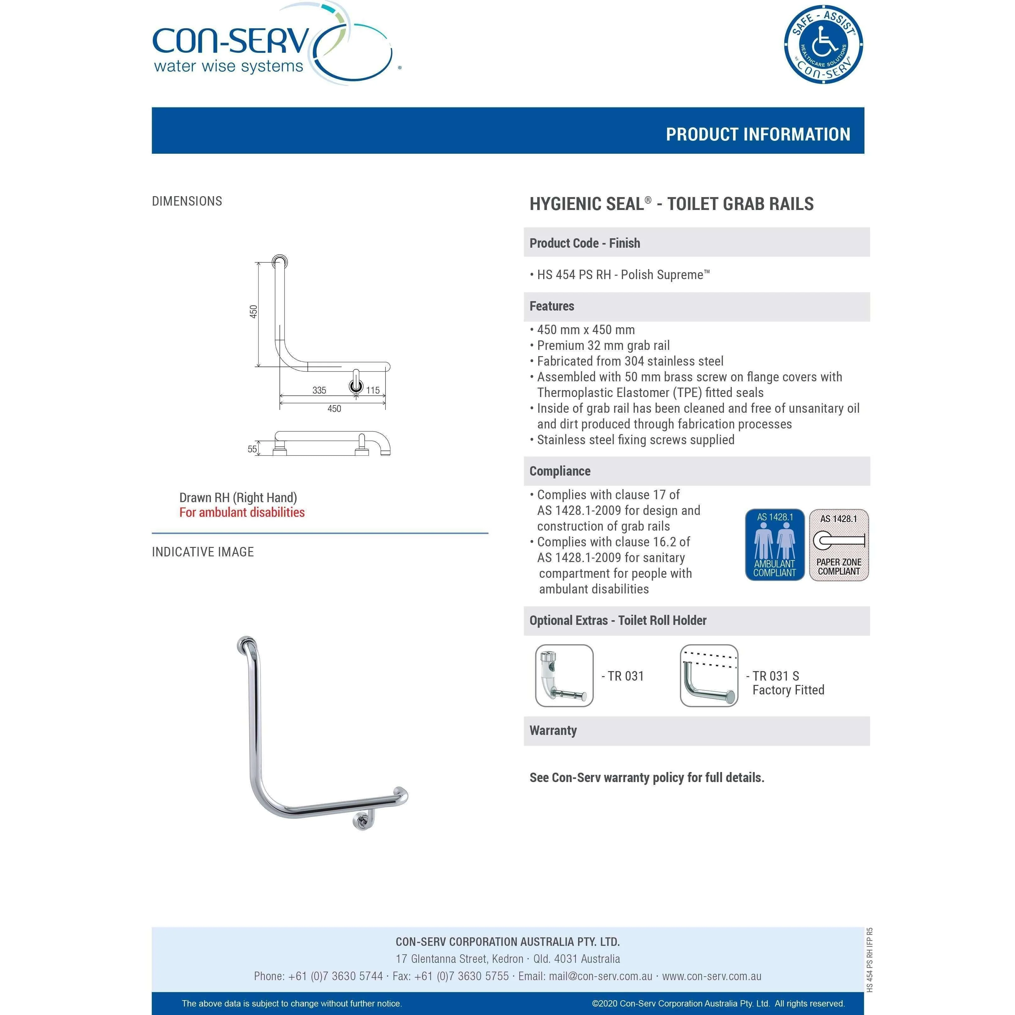 Con-Serv Hygenic Seal R/Angled Grab Rail 450mm Polish S/S - Image 5