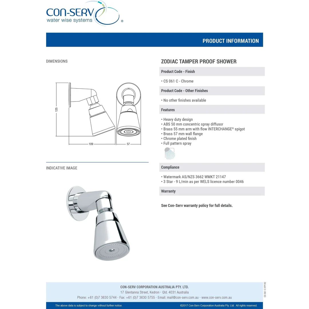 Con-Serv Zodiac Tamper Proof Shower 55mm Fixed Arm Chrome - Image 4