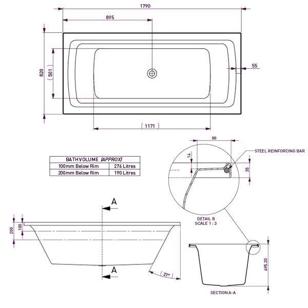 Decina San Diego Inset Bath 1790mm - Image 9