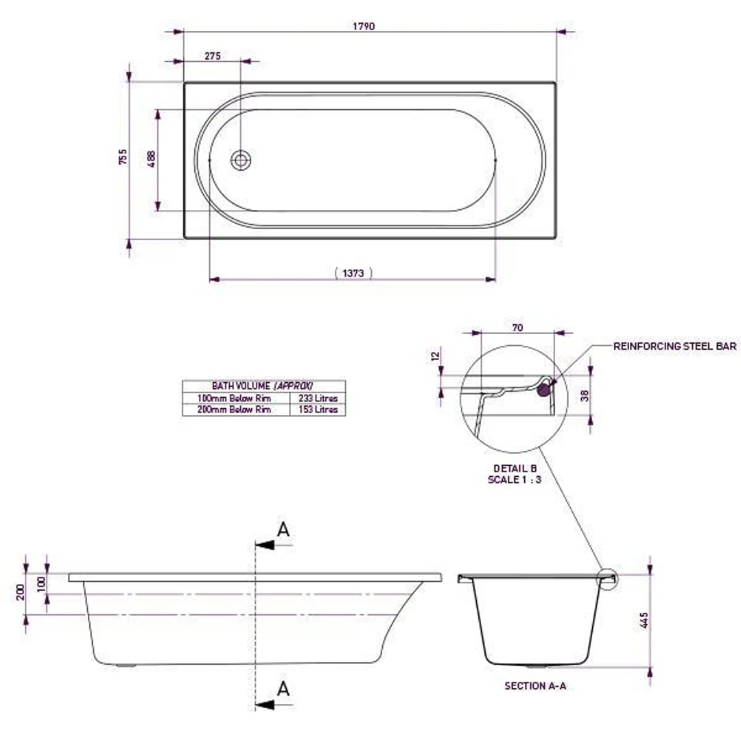 Decina Turin Retangle Bath White 1790mm - Image 7