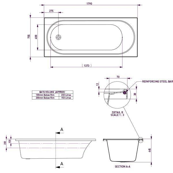Decina Turin Retangle Bath White 1790mm - Image 9