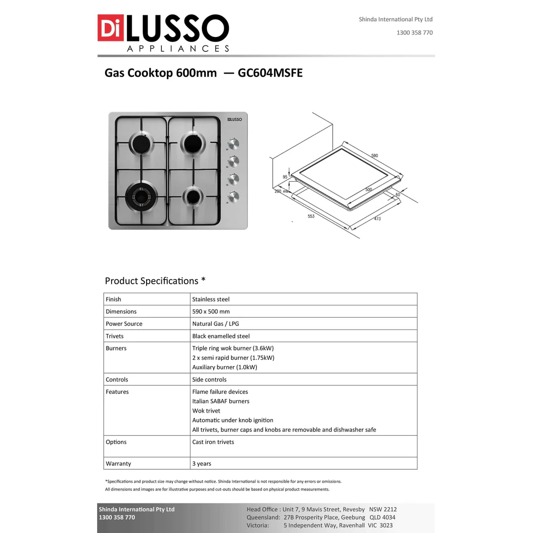Di Lusso 60Cm Gc604Msfe Gas Cooktop Stainless Steel 4 Burner Inc Wok - Image 4