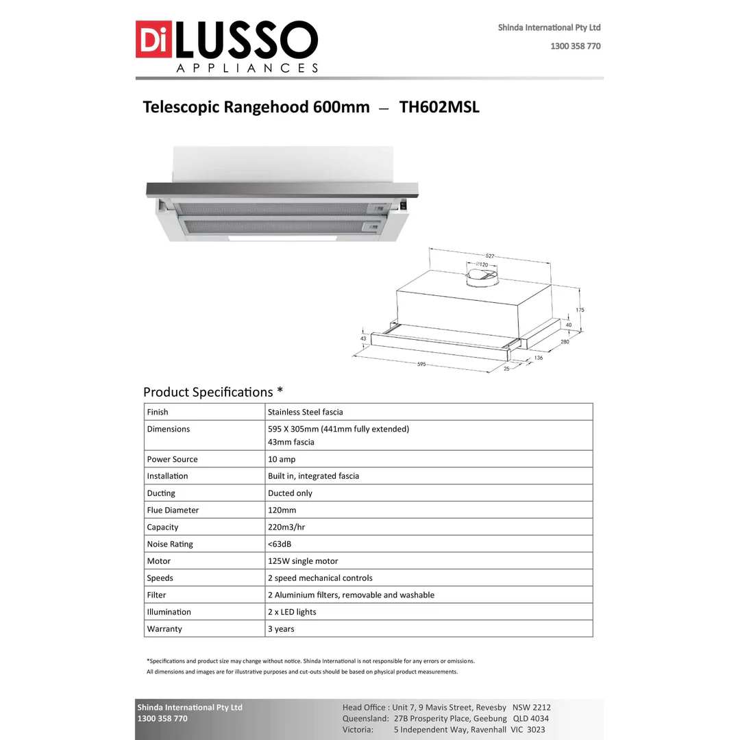 Di Lusso 60Cm Th602Msl Telescopic Led Lights Rangehood Stainless Steel - Image 3
