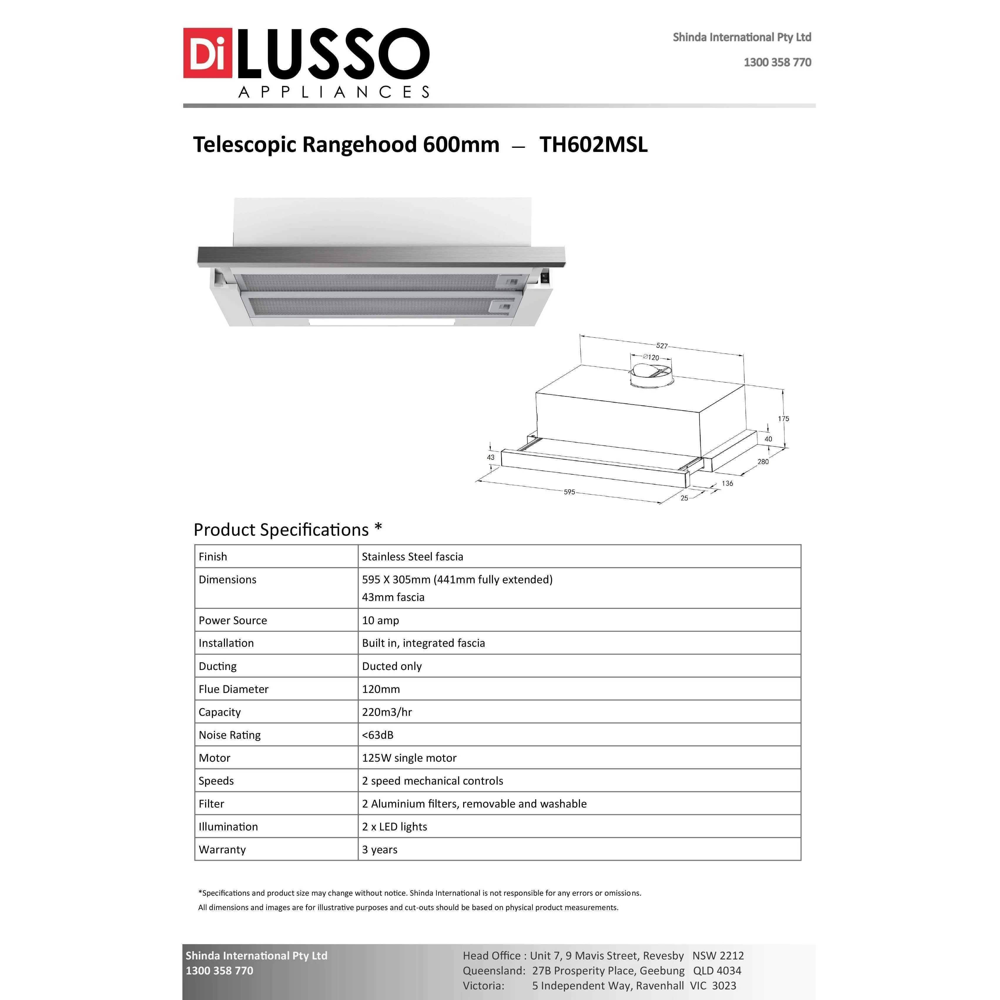 Di Lusso 60Cm Th602Msl Telescopic Led Lights Rangehood Stainless Steel - Image 5