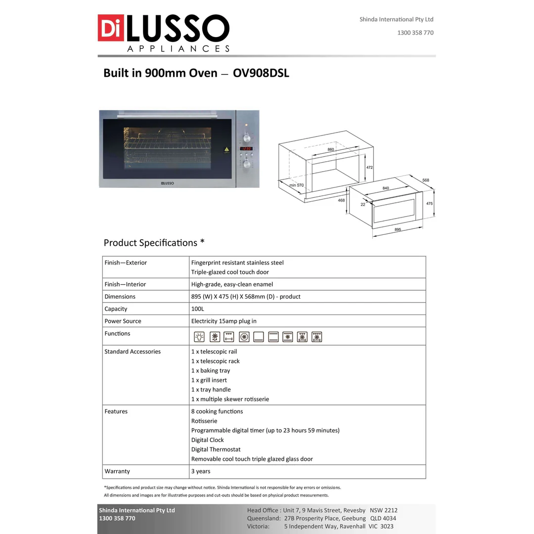 Di Lusso 900mm Stainless Steel & Black 100Lt Oven 8 Functions Ov908Dsl - Image 4
