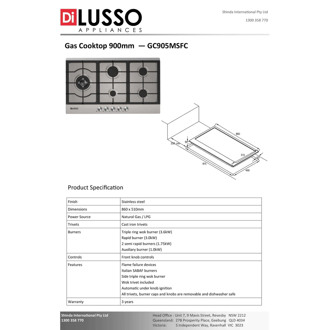 Di Lusso 900mm Stainless Steel Gas Cooktop 5 Sabaf Burners Inc Side Wok - Image 4