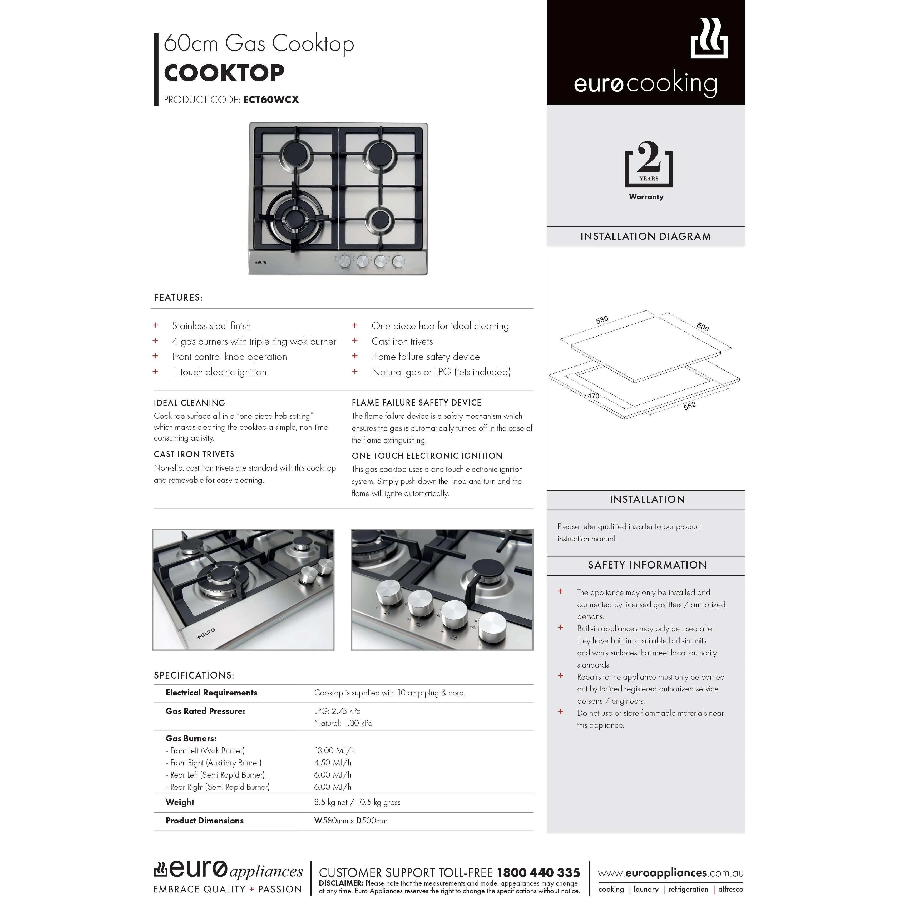 Euro 60Cm 4 Burner Gas Cooktop + Wok Cast Iron Trivets Front Knobs - Image 3