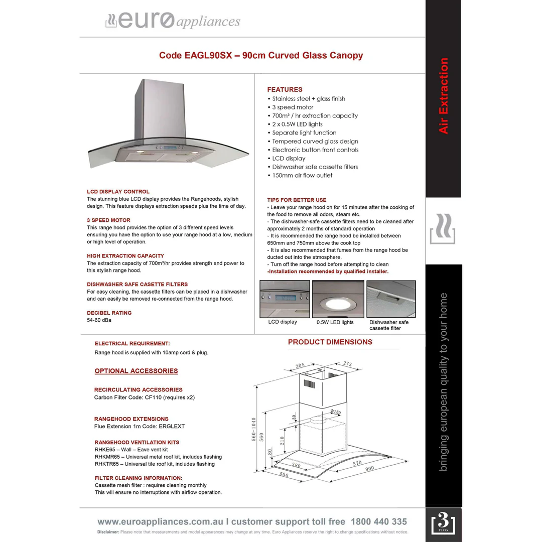 Euro 90Cm Canopy Rangehood Curved Glass Eagl90Sx - Image 4
