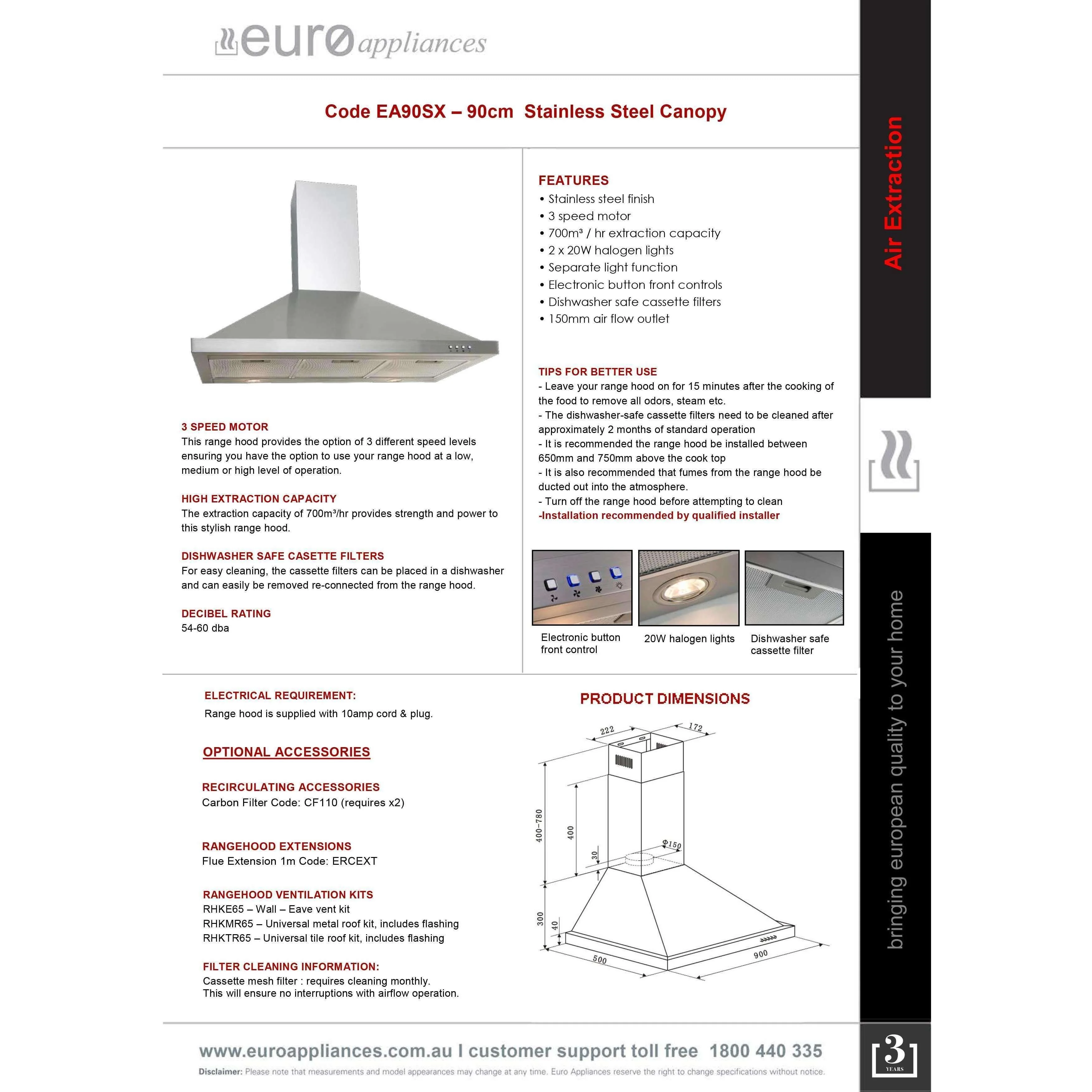 Euro 90Cm Canopy Rangehood S/Steel Ea90Sx - Image 3