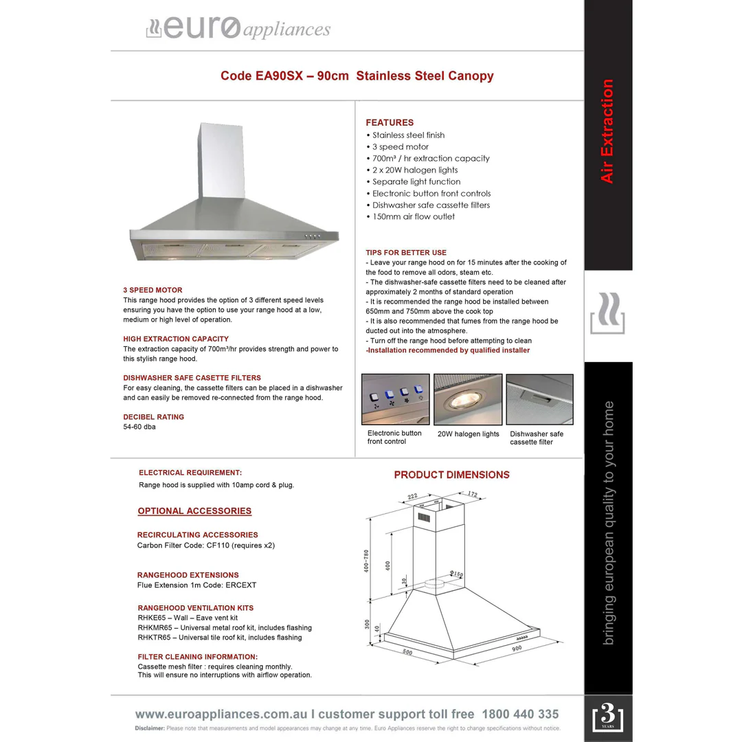 Euro 90Cm Canopy Rangehood S/Steel Ea90Sx - Image 4