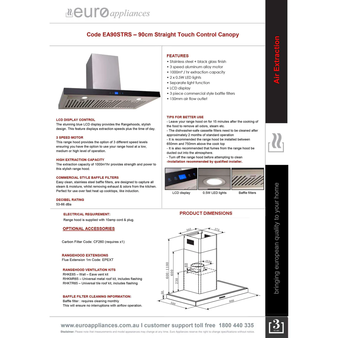 Euro 90Cm Straight Canopy Rangehood Touch Ea90Strs - Image 4