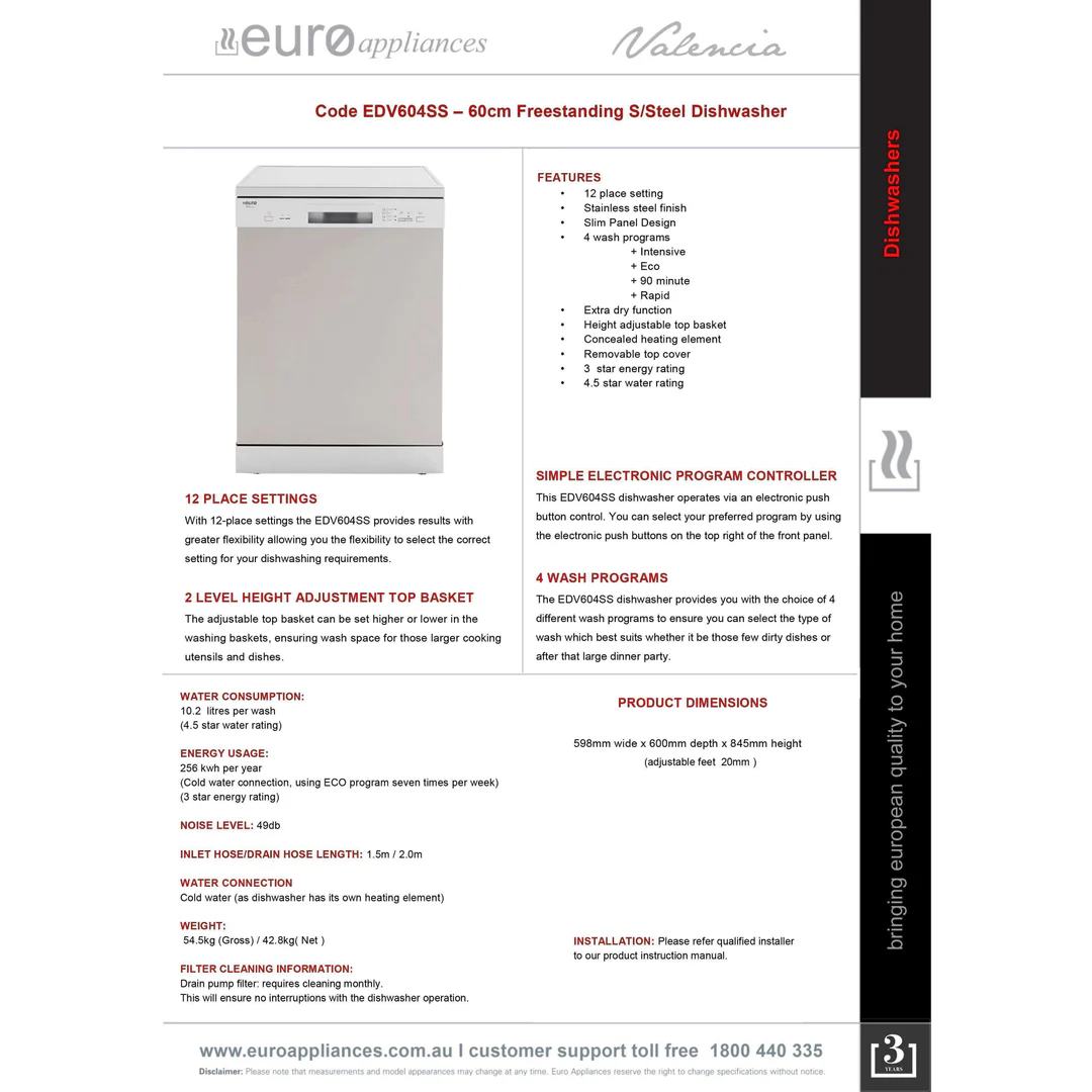 Euro Dishwasher 60Cm Freestanding Edv604Ss - Image 4