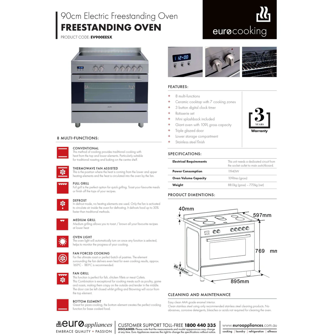 Euro Electric 90Cm F/Standing Multifunction Oven + Ceran Top - Image 4
