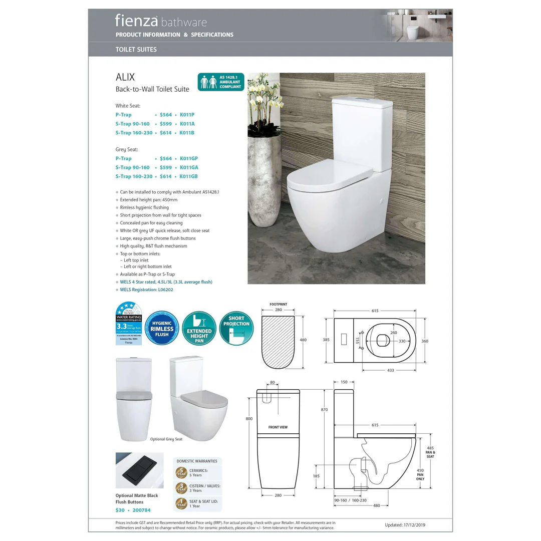 Fienza Alix Rimless S Trap Toilet Suite 90-160 K011A - Image 3
