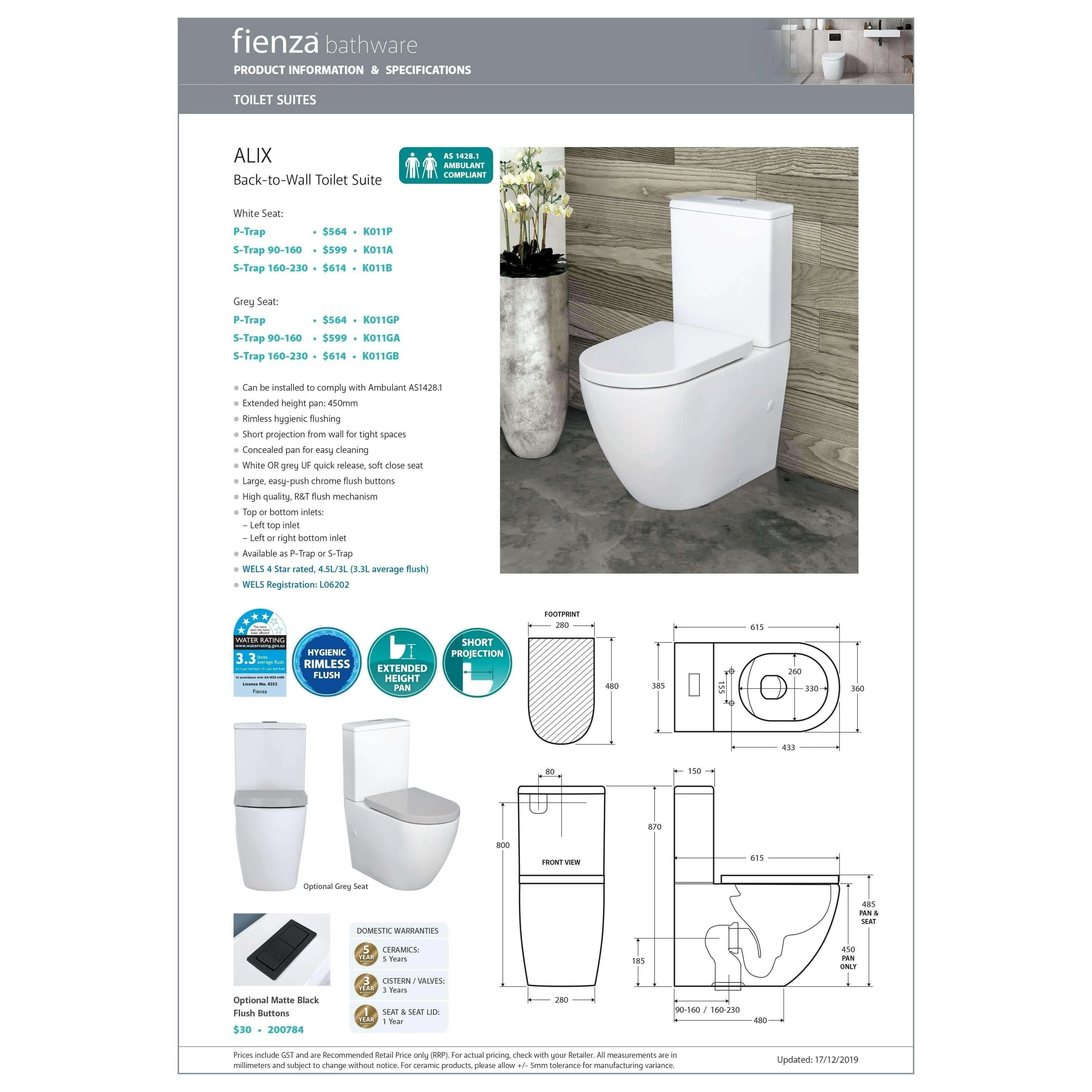 Fienza Alix Rimless S Trap Toilet Suite 90-160 K011A - Image 5